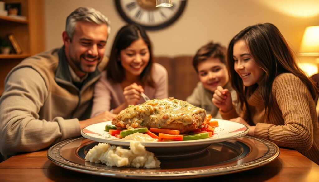 Family enjoying smothered chicken breast