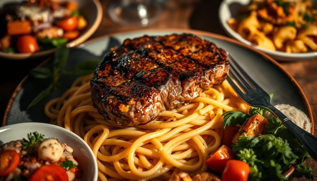 Current image: beef steak and pasta